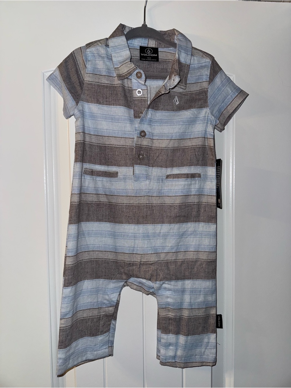 Volcom Striped Polo Romper in Light Blue and Brown